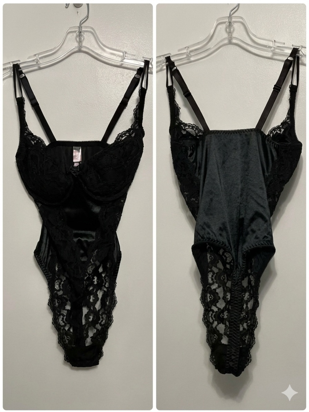Vtg 2002 Victoria's Secret Black Lace Satin Bodysuit Teddy 34D Underwire Y2K